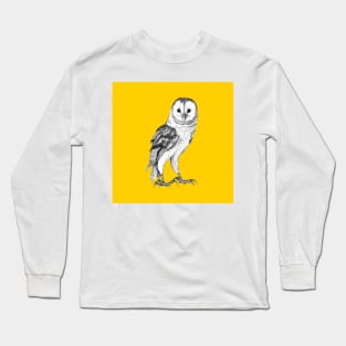 Barn Owl - Drawing In Black Pen On Vintage Yellow Long Sleeve T-Shirt